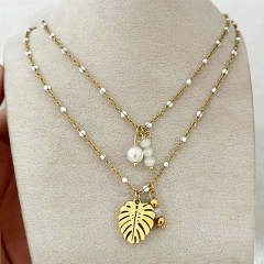 18KG natural stone enamel bead two layer stainless steel necklace