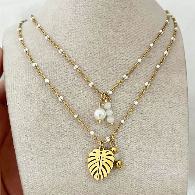 18KG natural stone enamel bead two layer stainless steel necklace