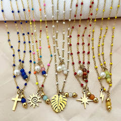 18KG natural stone enamel bead two layer stainless steel necklace