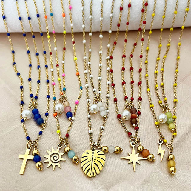 18KG natural stone enamel bead two layer stainless steel necklace