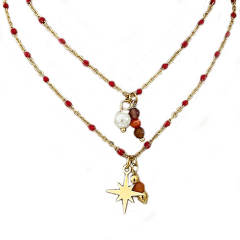18KG natural stone enamel bead two layer stainless steel necklace