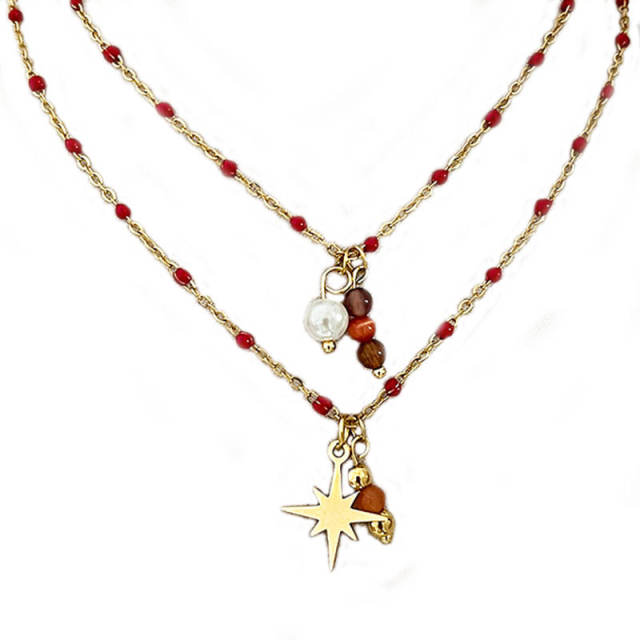 18KG natural stone enamel bead two layer stainless steel necklace