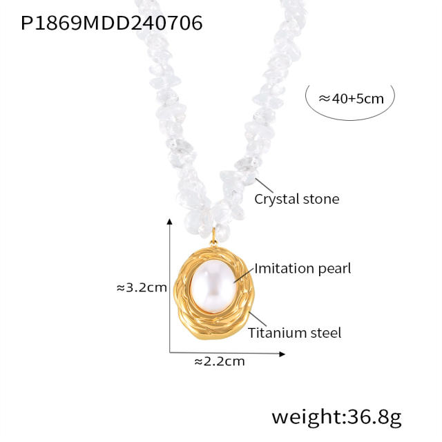 Vintage crystal stone bead chain oval pearl pendant stainless steel necklace