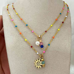 18KG natural stone enamel bead two layer stainless steel necklace