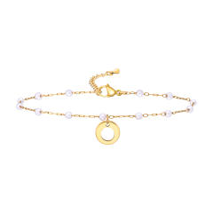 18KG pearl beaded chain initial letter coin charm stainless steel anklet