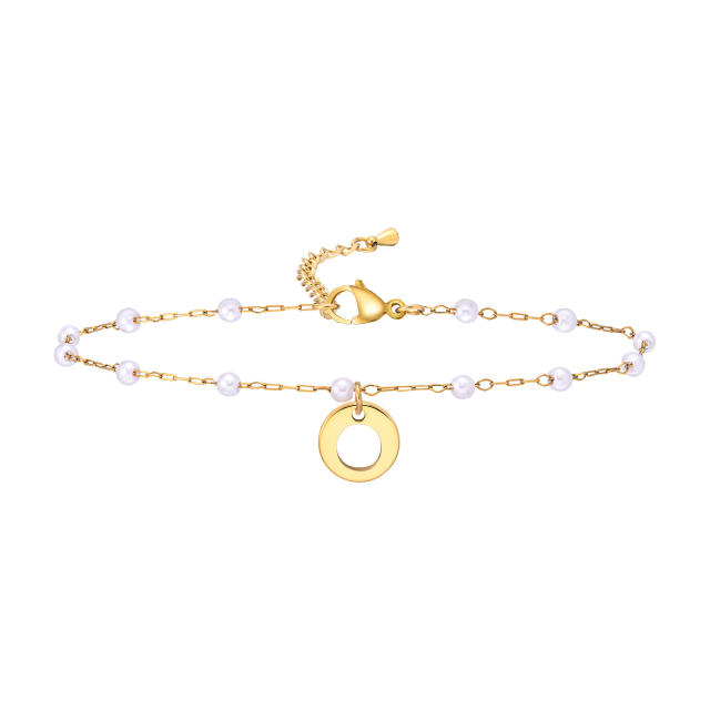 18KG pearl beaded chain initial letter coin charm stainless steel anklet