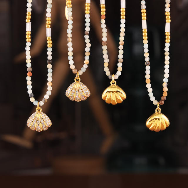 Boho diamond shell pendant natural stone bead chain necklace