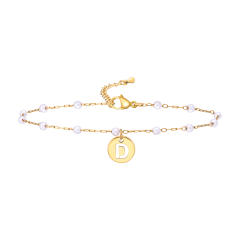 18KG pearl beaded chain initial letter coin charm stainless steel anklet