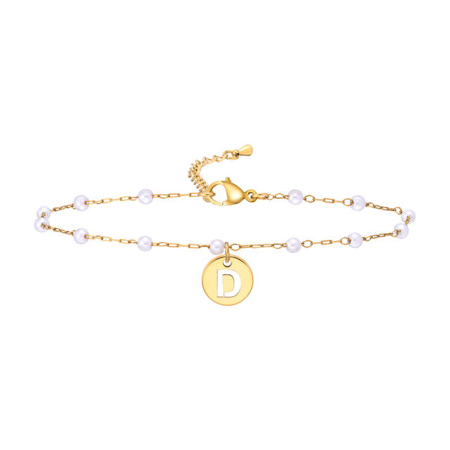 18KG pearl beaded chain initial letter coin charm stainless steel anklet