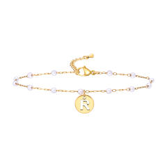 18KG pearl beaded chain initial letter coin charm stainless steel anklet