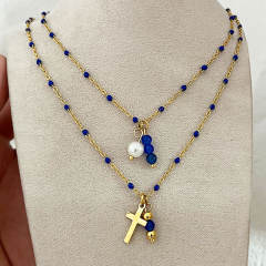 18KG natural stone enamel bead two layer stainless steel necklace
