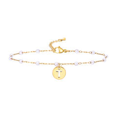 18KG pearl beaded chain initial letter coin charm stainless steel anklet