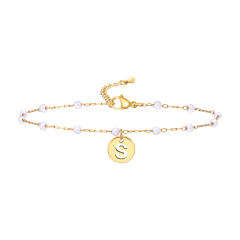 18KG pearl beaded chain initial letter coin charm stainless steel anklet