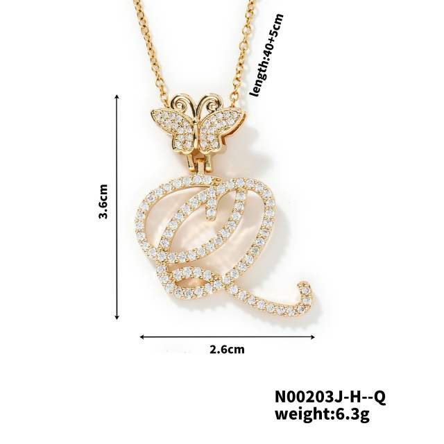 Delicate hiphop butterfly initial letter pendant copper necklace