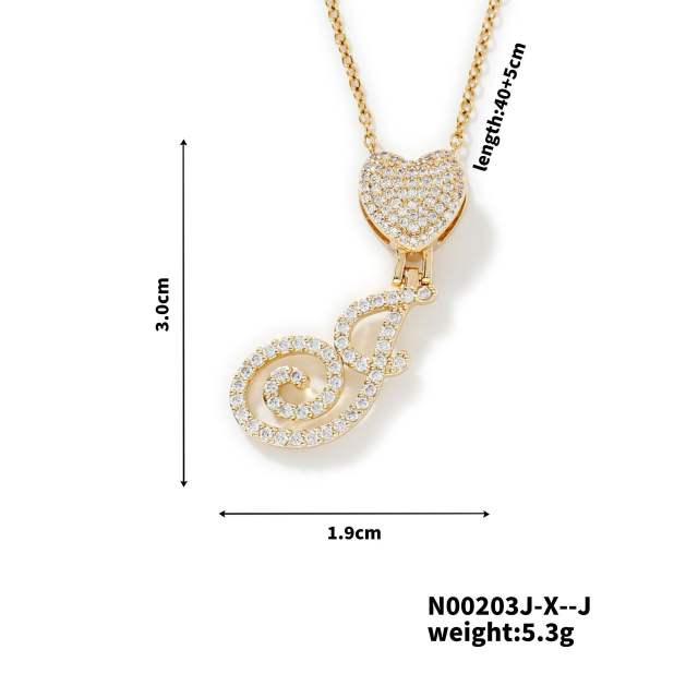 Hiphop diamond heart initial letter pendant copper necklace