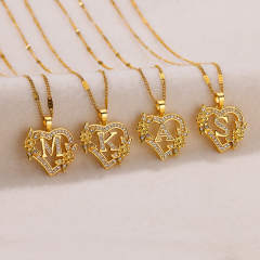 Dainty flower heart initital letter gold plated copper necklace