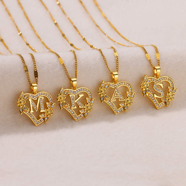 Dainty flower heart initital letter gold plated copper necklace
