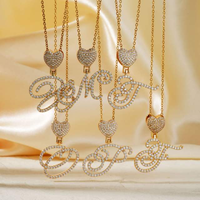 Hiphop diamond heart initial letter pendant copper necklace