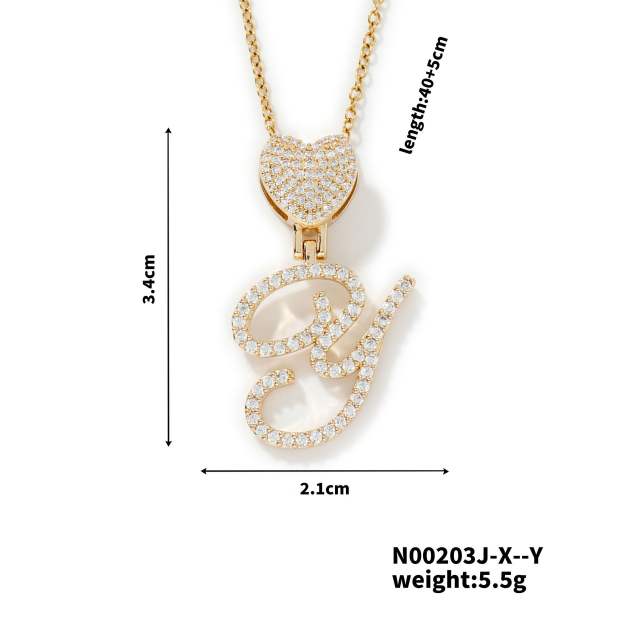 Hiphop diamond heart initial letter pendant copper necklace
