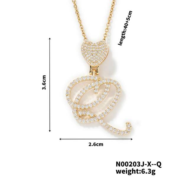 Hiphop diamond heart initial letter pendant copper necklace