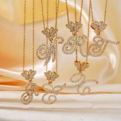 Delicate hiphop butterfly initial letter pendant copper necklace