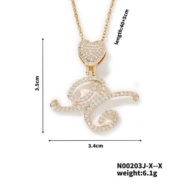 Hiphop diamond heart initial letter pendant copper necklace