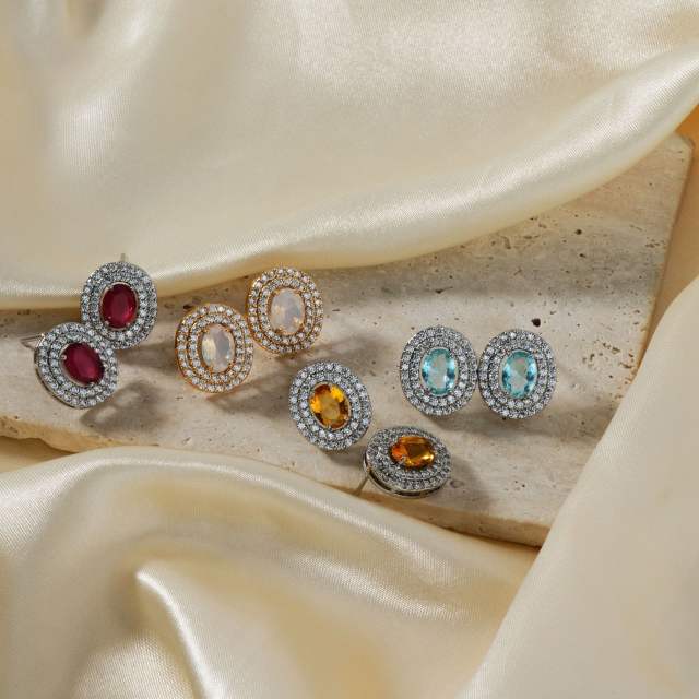 Creative oval shape cubic zircon colorful diamond studs earrings