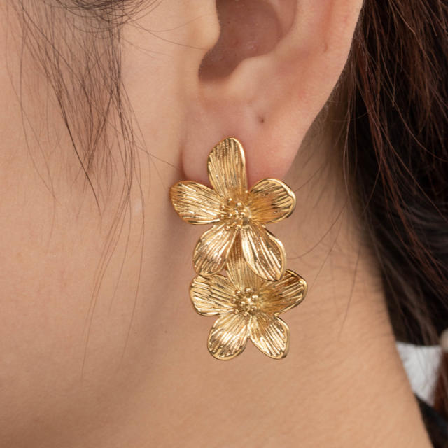 Gold color chunky flower geometric stainless steel dangle earrings collection