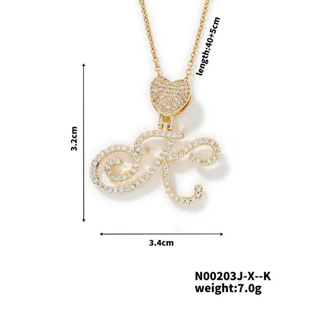 Hiphop diamond heart initial letter pendant copper necklace