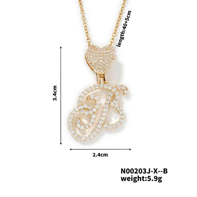 Hiphop diamond heart initial letter pendant copper necklace