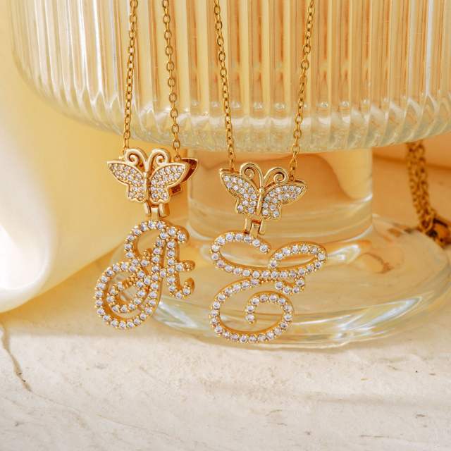 Delicate hiphop butterfly initial letter pendant copper necklace