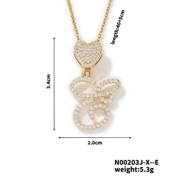 Hiphop diamond heart initial letter pendant copper necklace