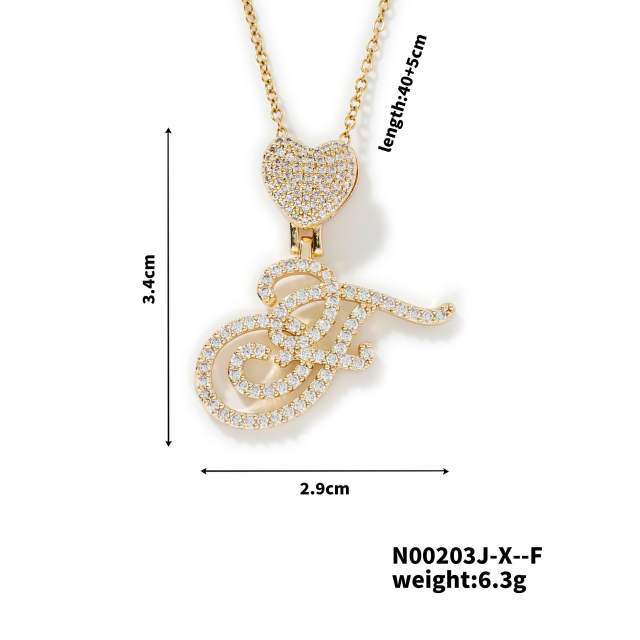 Hiphop diamond heart initial letter pendant copper necklace