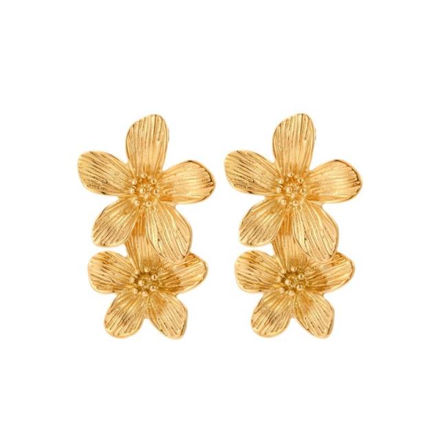 Gold color chunky flower geometric stainless steel dangle earrings collection