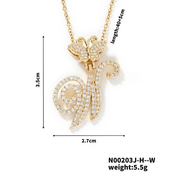 Delicate hiphop butterfly initial letter pendant copper necklace