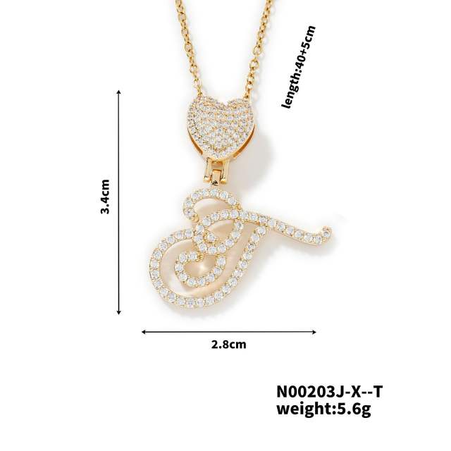 Hiphop diamond heart initial letter pendant copper necklace
