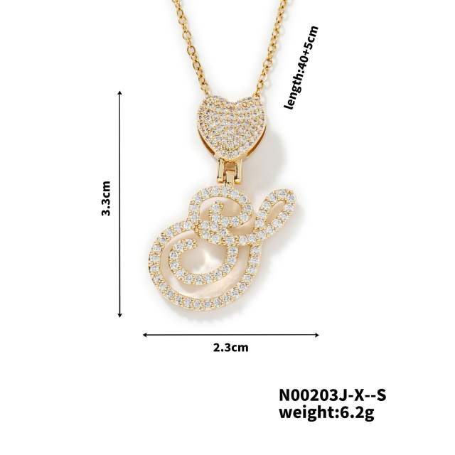 Hiphop diamond heart initial letter pendant copper necklace