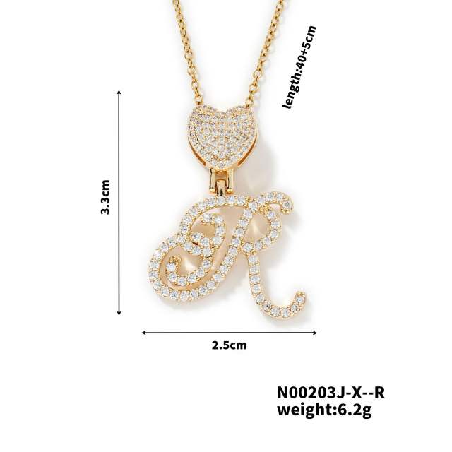 Hiphop diamond heart initial letter pendant copper necklace