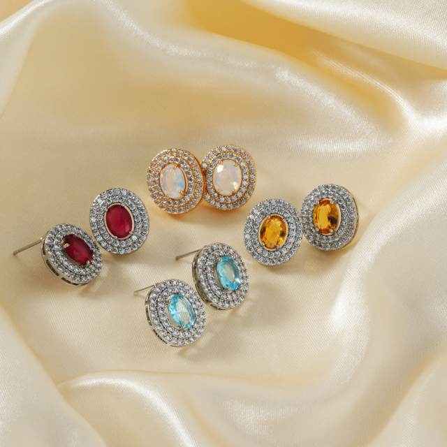 Creative oval shape cubic zircon colorful diamond studs earrings