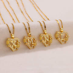 Dainty flower heart initital letter gold plated copper necklace