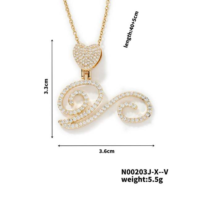 Hiphop diamond heart initial letter pendant copper necklace