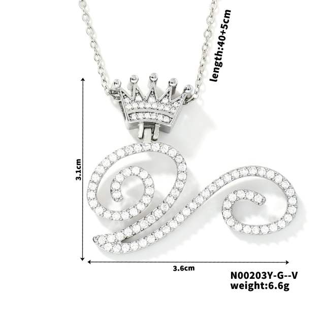 Delicate hiphop diamond initial letter pendant copper necklace