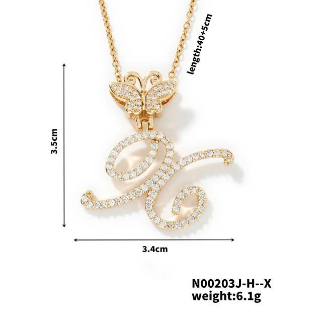 Delicate hiphop butterfly initial letter pendant copper necklace