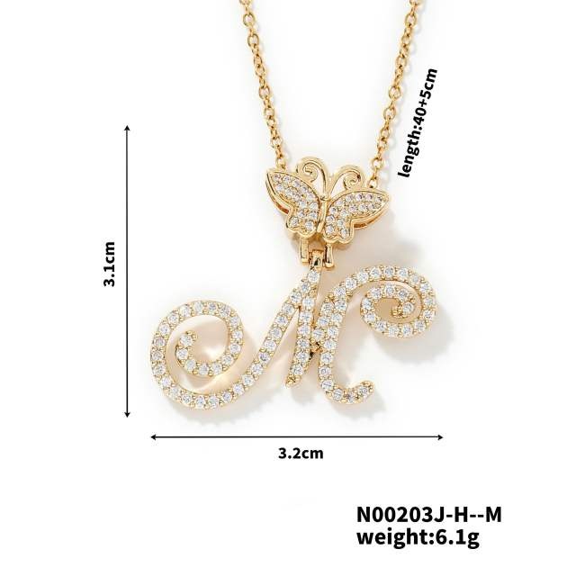 Delicate hiphop butterfly initial letter pendant copper necklace