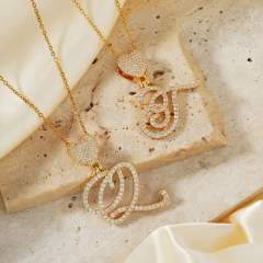 Hiphop diamond heart initial letter pendant copper necklace