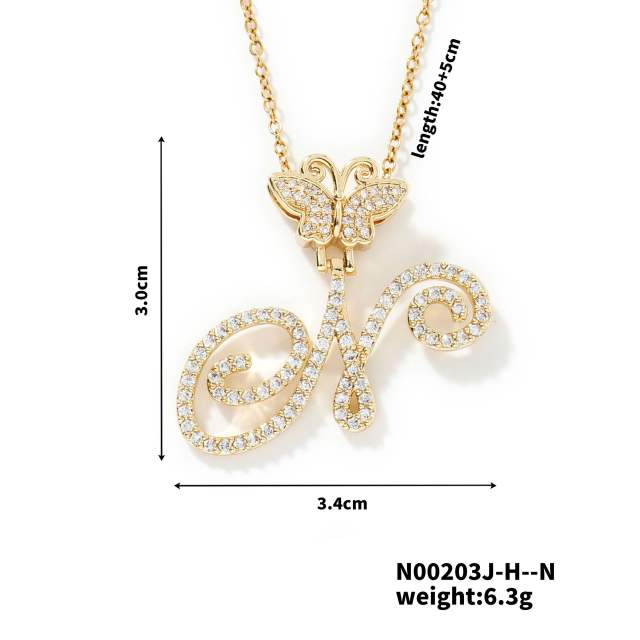 Delicate hiphop butterfly initial letter pendant copper necklace
