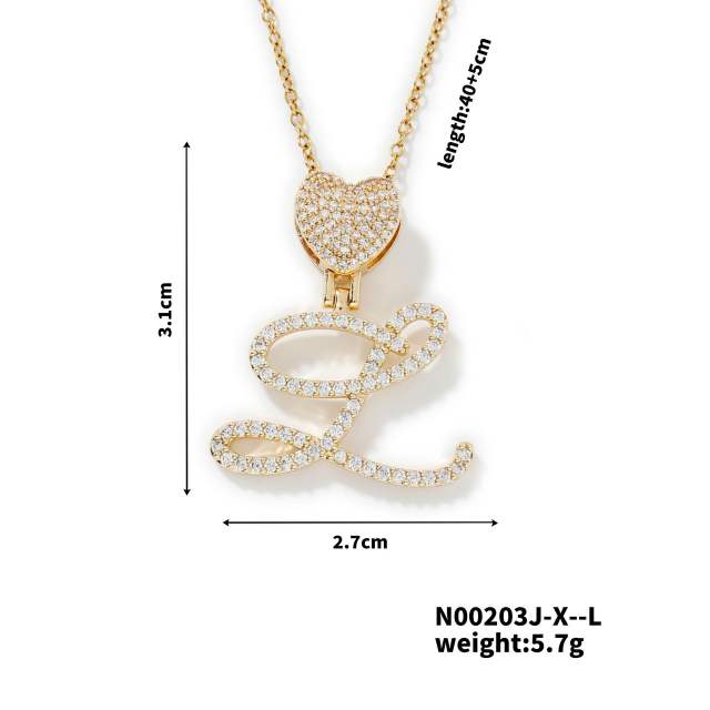 Hiphop diamond heart initial letter pendant copper necklace
