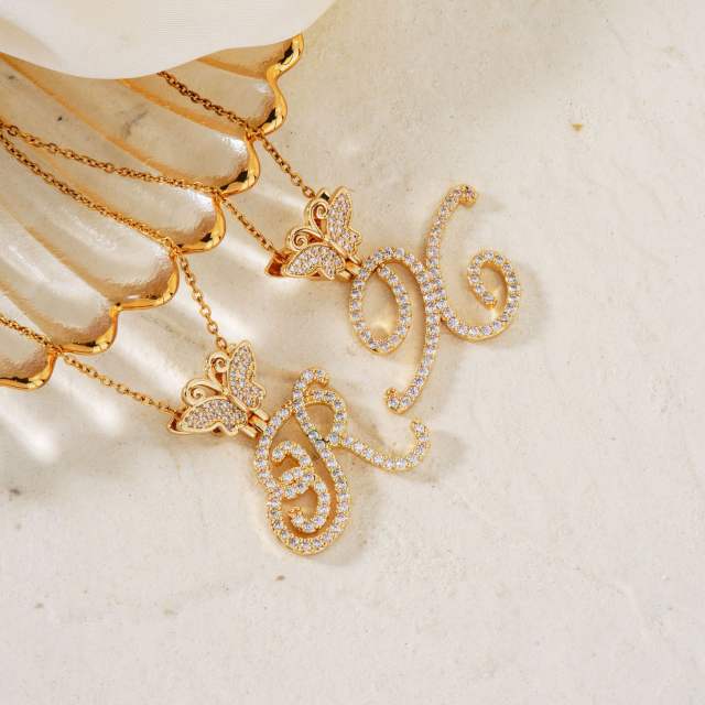 Delicate hiphop butterfly initial letter pendant copper necklace