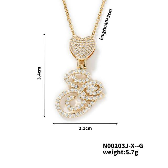 Hiphop diamond heart initial letter pendant copper necklace