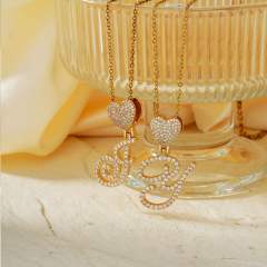 Hiphop diamond heart initial letter pendant copper necklace
